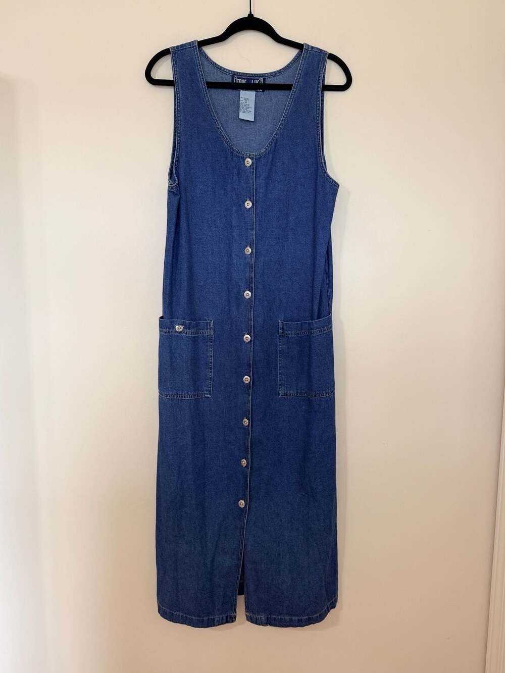 True Blue Vintage Denim Button Front Sleeveless Midi Pinafore Dress